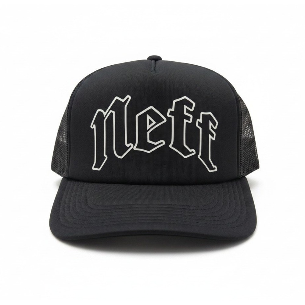 Neff Mens Black Trucker Hat Old English Logo Snapback Mesh Cap One Size